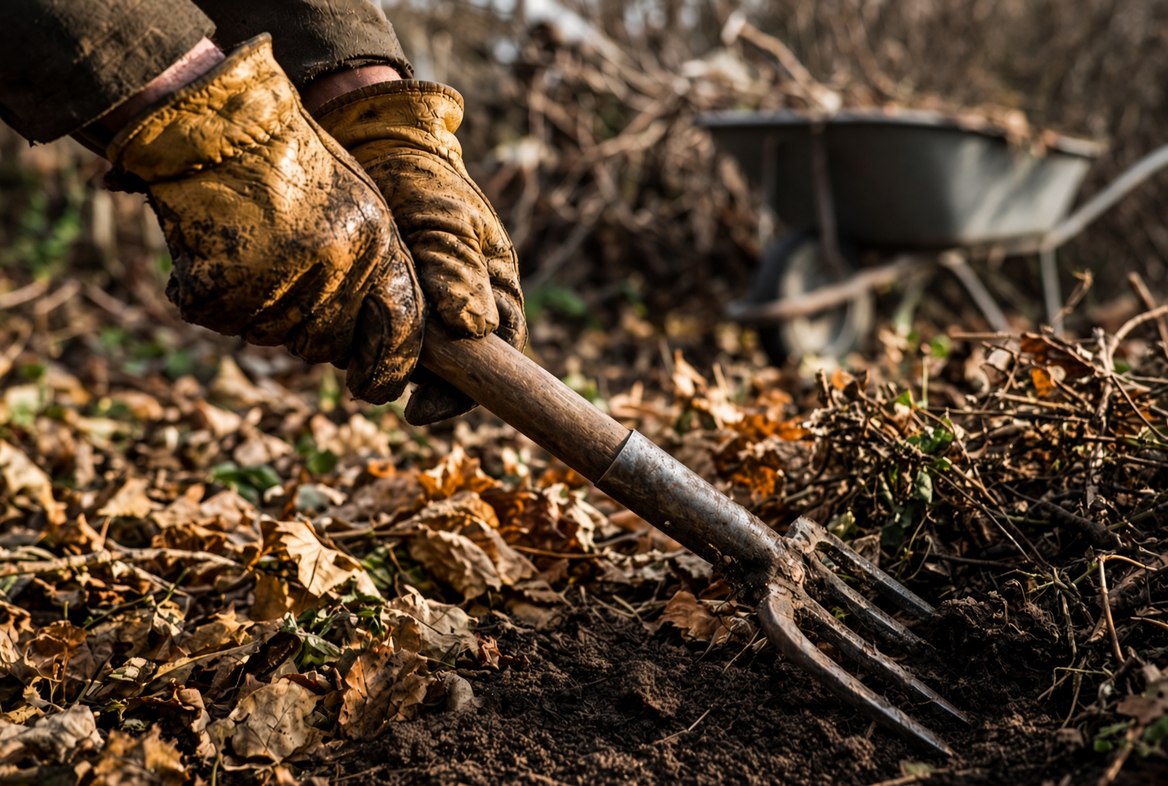Well-worn muddy tan leather work gloves gripping the handle of a garden fork driven into leaf litter and soil, a wheelbarrow behind