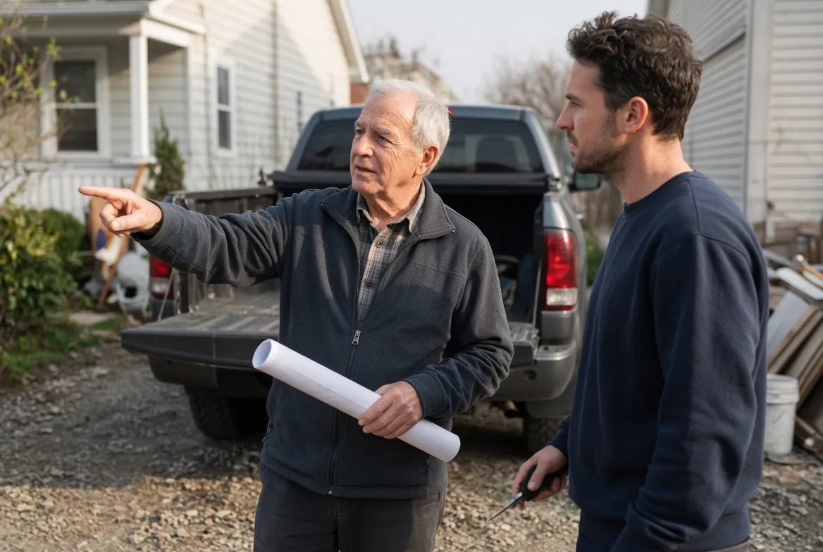 An older man on a residential job site holding a rolled paper drawing, pointing something out to a younger tradesman who is listening, a pickup with its tailgate down behind them