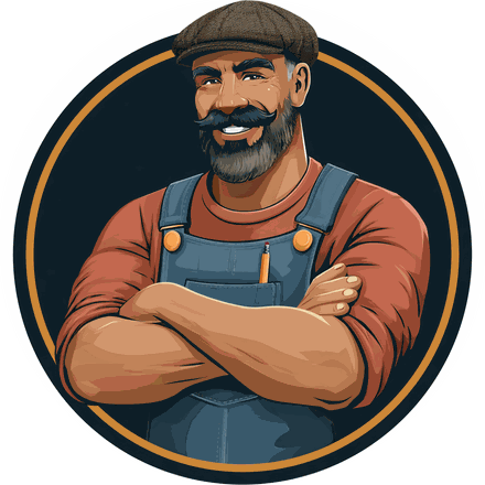 The BuyItAt50 handyman in a flat cap and overalls, arms folded, listening