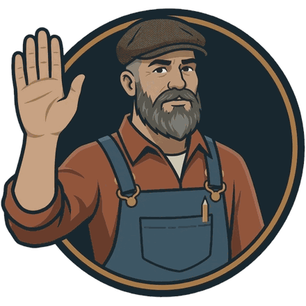 The BuyItAt50 handyman in a flat cap and overalls, one hand raised flat in a stop gesture