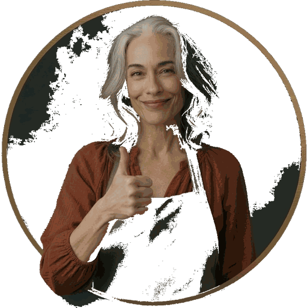 Silver-haired woman in a work apron, inside a gold circle badge