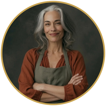 Friendly silver-haired woman in a work apron standing with her arms crossed, inside a gold circle badge