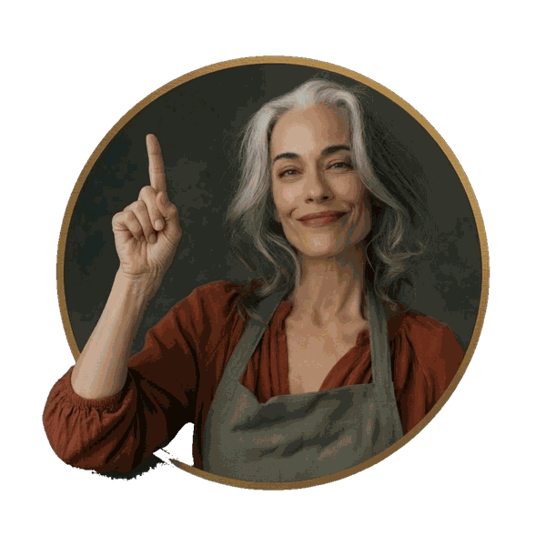 Friendly silver-haired handywoman in an apron, raising one finger inside an amber circle badge