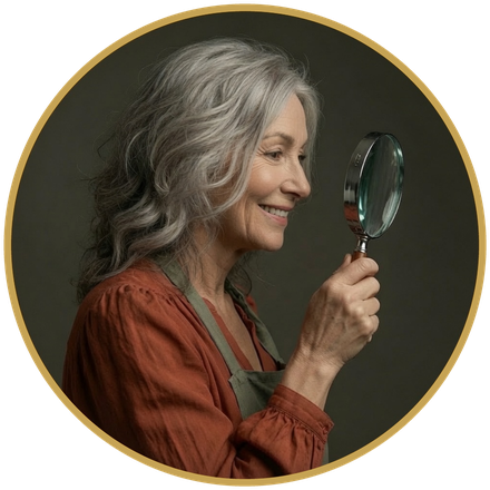 Silver-haired woman in a work apron holding up a magnifying glass, inside a gold circle badge