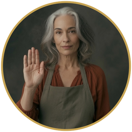 Silver-haired woman in a work apron holding up a calm, steady stop hand, inside a gold circle badge