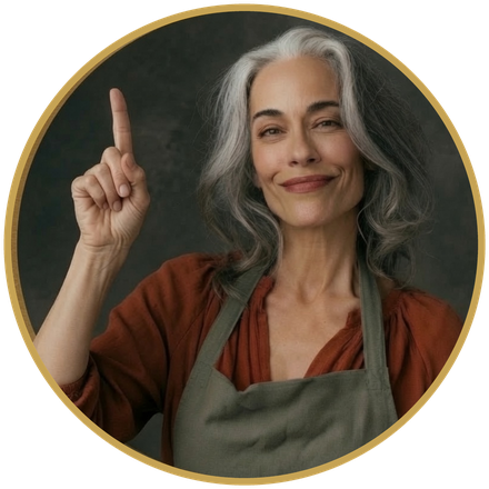 Silver-haired woman in a work apron raising one finger to make a point, inside a gold circle badge