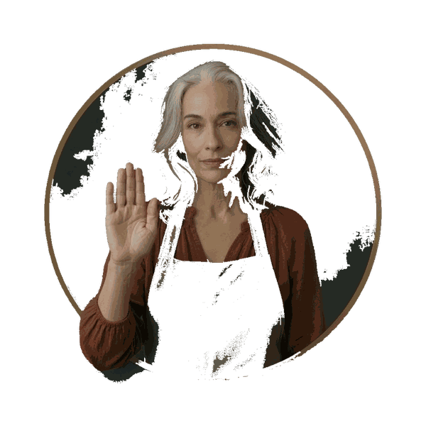 Handywoman mascot in a gold circle holding up a calm stop hand