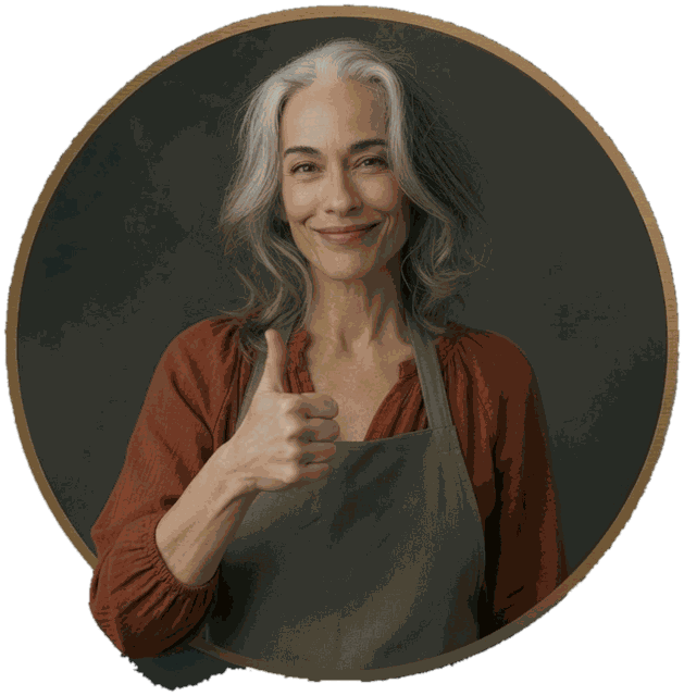Smiling silver-haired woman in a work apron giving a thumbs up, inside a gold circle badge