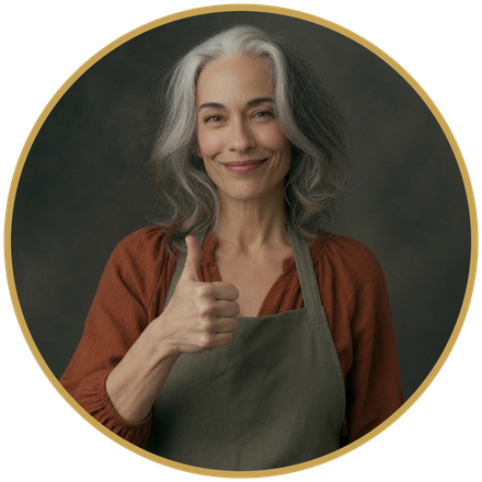 Smiling silver-haired woman in a work apron giving a thumbs up, inside a gold circle badge