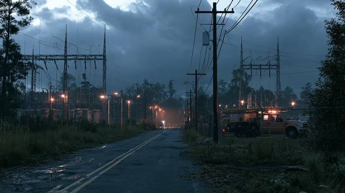 Rural North Carolina road at night curving past a fenced electrical substation with a utility truck parked outside — identical to the scene at Moore County where gunmen attacked four substations in December 2022