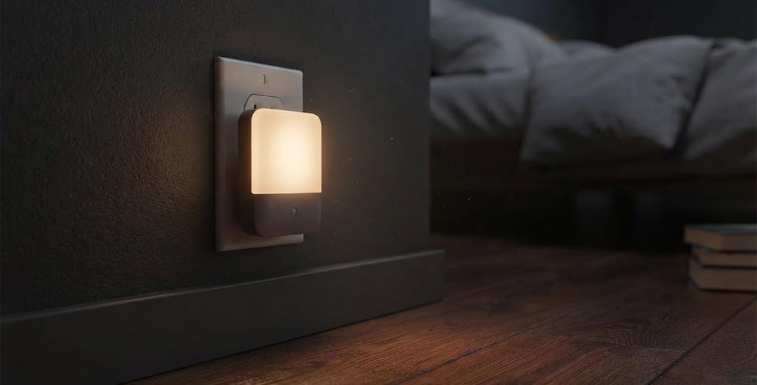 Warm LED night light plugged into a bedroom wall outlet — soft constant glow, always there, always the same