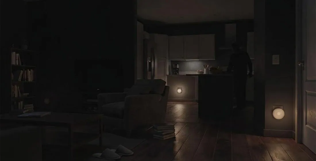 Dark room with barely any lighting — a threatening silhouette stands at the kitchen counter, impossible to identify or assess
