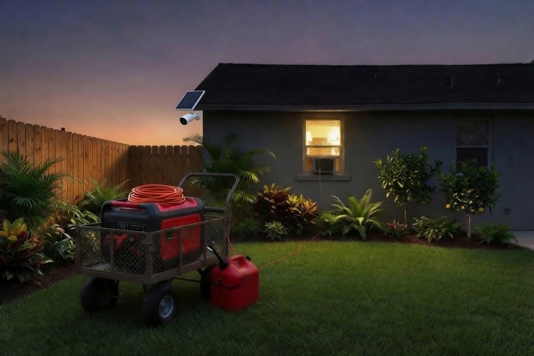 A backyard at dusk during a power outage: a dark house with one warmly lit bedroom window holding a window air conditioner, a small generator in a garden wagon out on the lawn with a gas can beside it, a single cord running toward the house, and a solar security camera mounted high on the gable end
