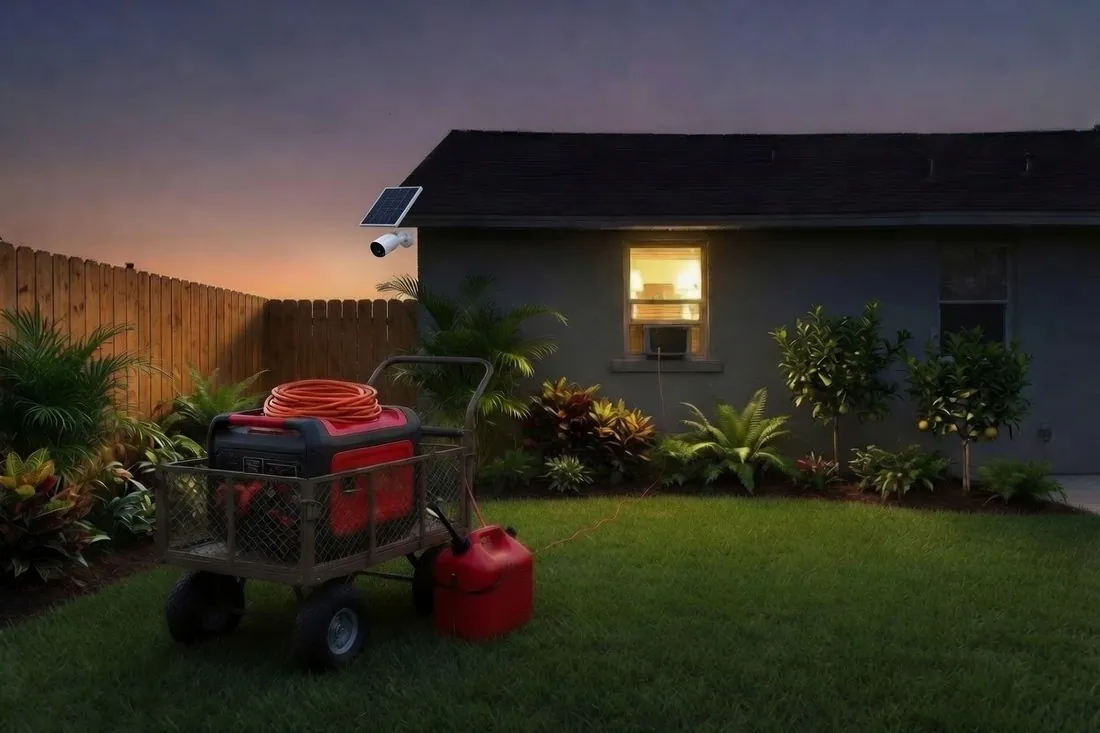 A backyard at dusk during a power outage: a dark house with one warmly lit bedroom window holding a window air conditioner, a small generator in a garden wagon out on the lawn with a gas can beside it, a single cord running toward the house, and a solar security camera mounted high on the gable end