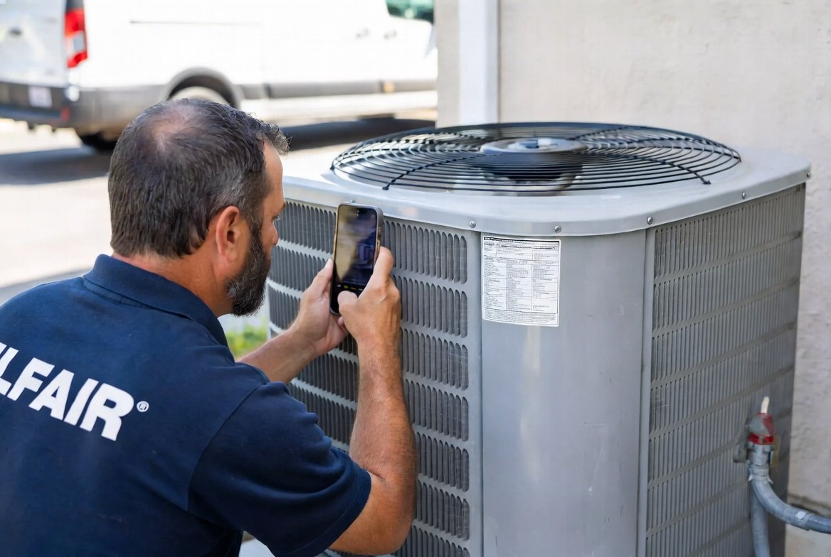 An HVAC technician in a navy company shirt photographs the data plate on the rounded corner of an outdoor air conditioning condenser with his phone — every access panel on the unit closed and intact