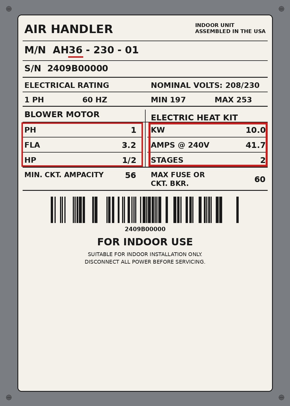 A sample air handler data plate with no brand name — the indoor unit's label showing the blower motor amps and horsepower boxed in red, and the electric heat kit rating of 10 kilowatts boxed in red