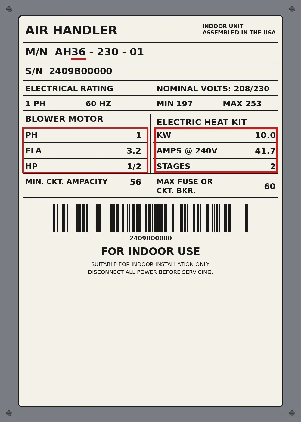 A sample air handler data plate with no brand name — the indoor unit's label showing the blower motor amps and horsepower boxed in red, and the electric heat kit rating of 10 kilowatts boxed in red