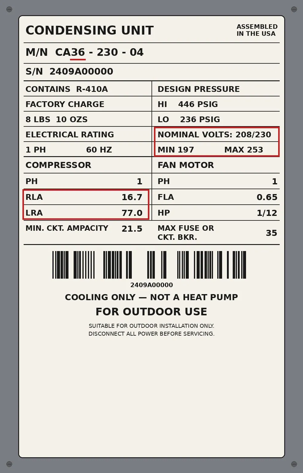 A sample air conditioner data plate with no brand name, laid out like a real condenser plate: model number with the tonnage digits underlined in red, refrigerant and design pressure block, and the compressor RLA, LRA, and volts boxed in red, with a cooling-only line near the bottom