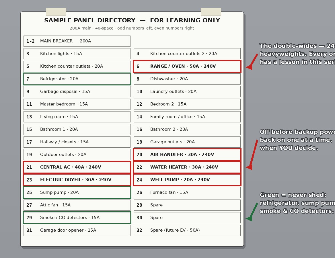 A sample two-column breaker panel directory card with every circuit labeled, the six 240-volt double-wide breakers outlined in red, and the refrigerator, sump pump, and smoke detectors outlined in green as circuits never to shed