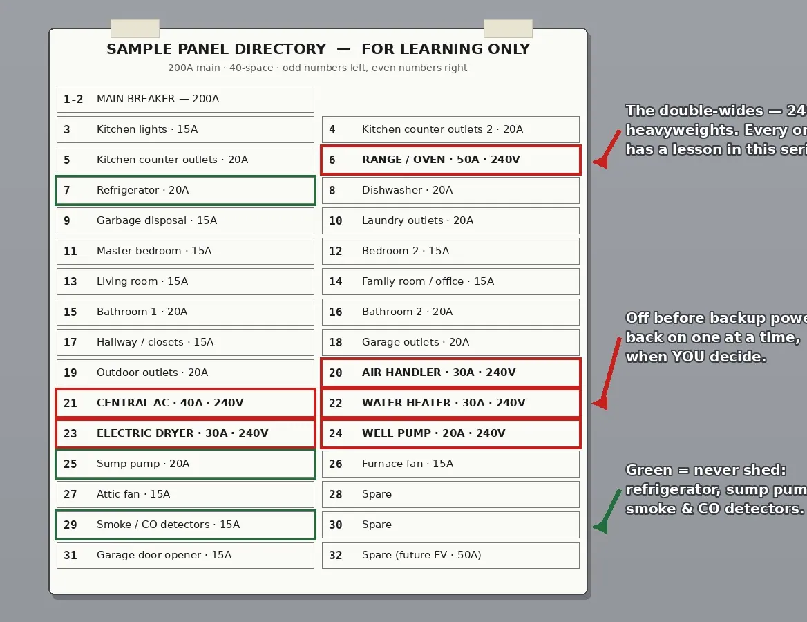 A sample two-column breaker panel directory card with every circuit labeled, the six 240-volt double-wide breakers outlined in red, and the refrigerator, sump pump, and smoke detectors outlined in green as circuits never to shed