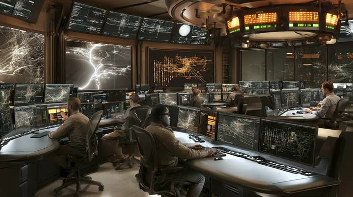 Power grid control room at night with operators at wide curved consoles monitoring multiple screens showing grid maps and real-time data — SCADA operators must respond to grid emergencies within minutes before cascades go regional