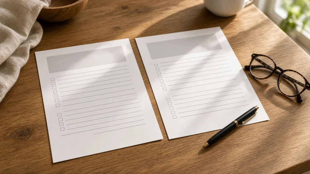 Two blank printed estimate forms side by side on a wooden kitchen table in morning sun, with a pen and a pair of reading glasses beside them