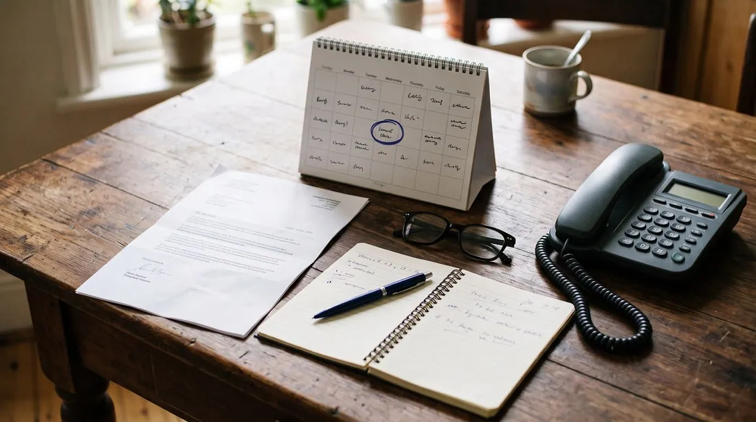 A wooden kitchen table set up for paperwork: an official letter lying open, a desk calendar with one date circled in blue pen, a spiral notepad with a pen and handwritten notes, reading glasses, and a corded telephone within reach