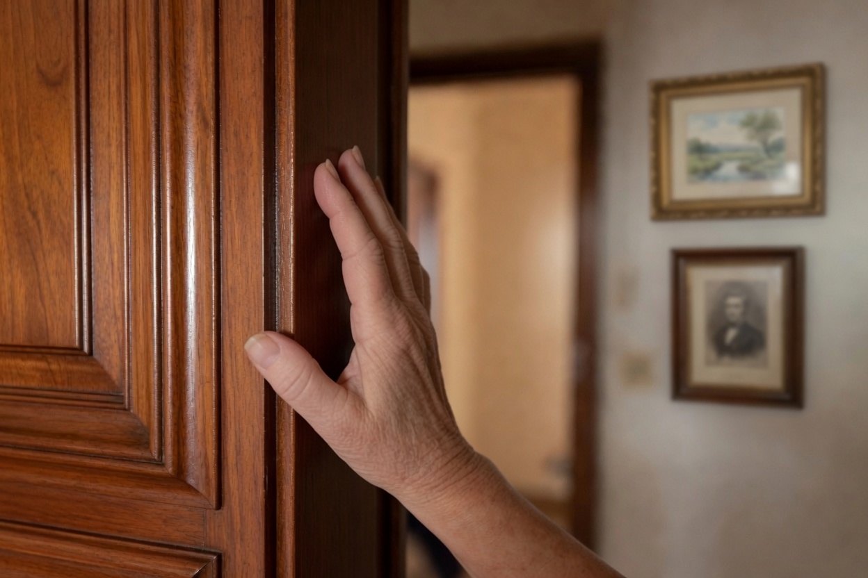 An older hand resting against a wooden door frame in a hallway of a lived-in home, steadying on the way through