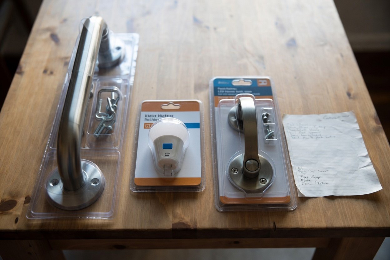 Four things laid out on a wooden table: a boxed stainless steel grab bar, a plug-in LED night light, a lever door handle, and a handwritten list on a sheet of notepaper