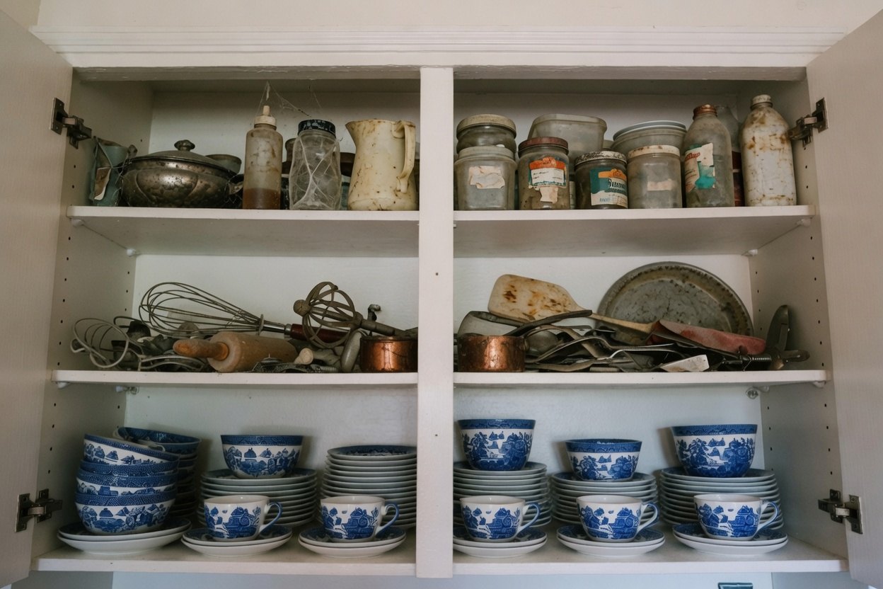 An open kitchen cupboard: the top two shelves hold dusty untouched jars and pans, the bottom shelf is full of everyday cups and plates in daily use