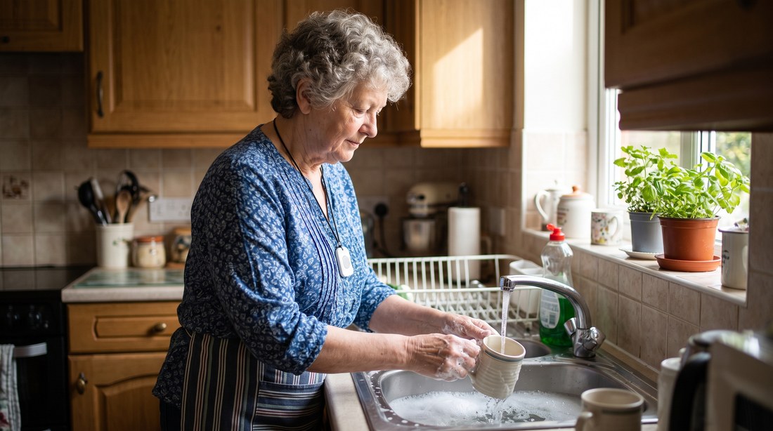 An older woman washing a mug at her kitchen sink in morning light, wearing a small plain medical alert pendant on a cord at her chest