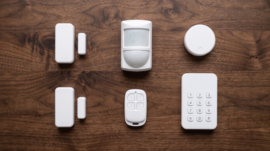 Overhead view on a walnut table of alarm system components — two pairs of door contact sensors, a motion sensor, a round base station, a four-button key fob and a numeric keypad