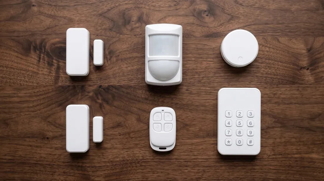 Overhead view on a walnut table of alarm system components β two pairs of door contact sensors, a motion sensor, a round base station, a four-button key fob and a numeric keypad