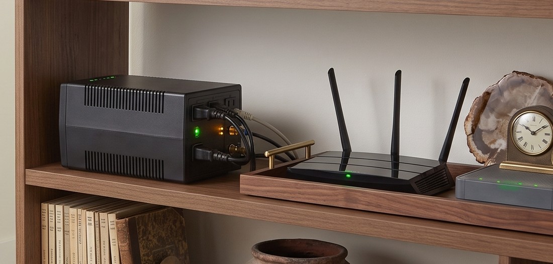 A small black uninterruptible power supply on a shelf with its status lights lit, cables running from it to a household router and modem beside it