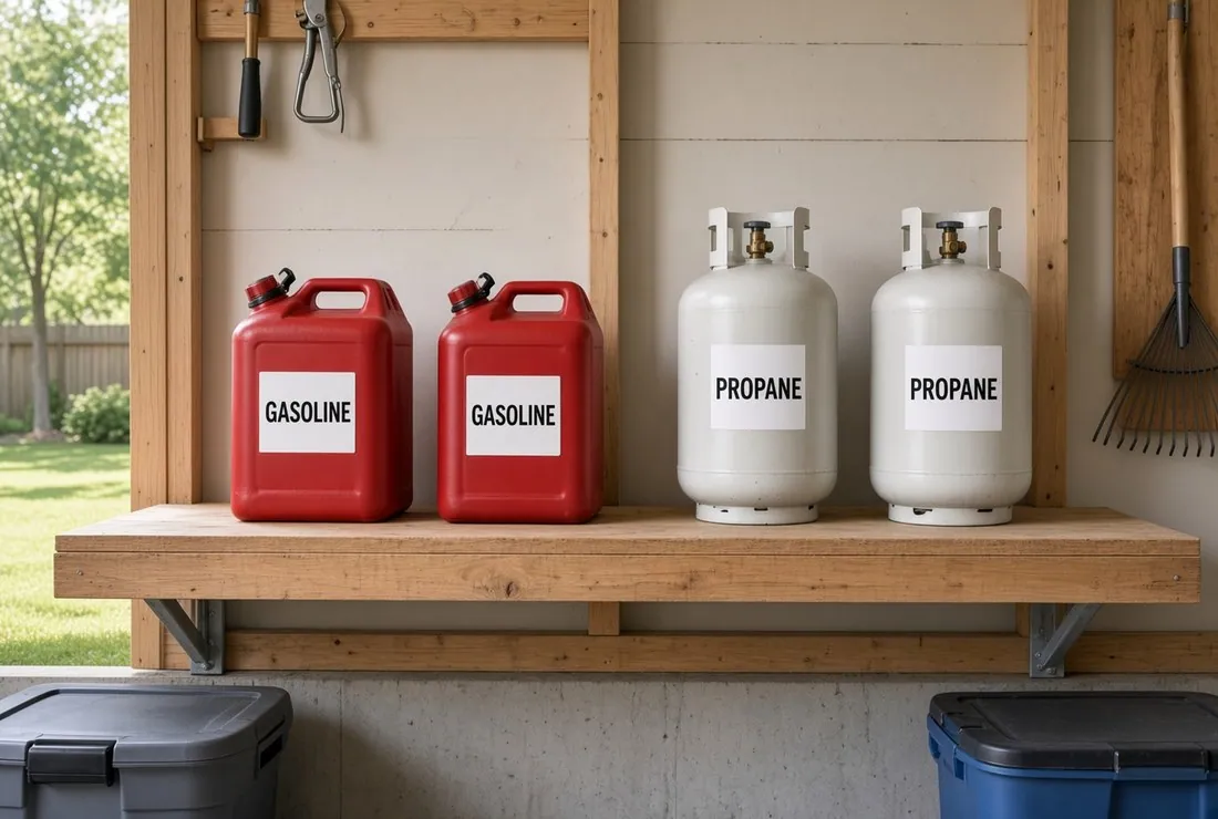 Two red gasoline cans and two propane cylinders standing on a wooden shelf in an open-sided shelter, with lawn and a fence visible through the framing beside them
