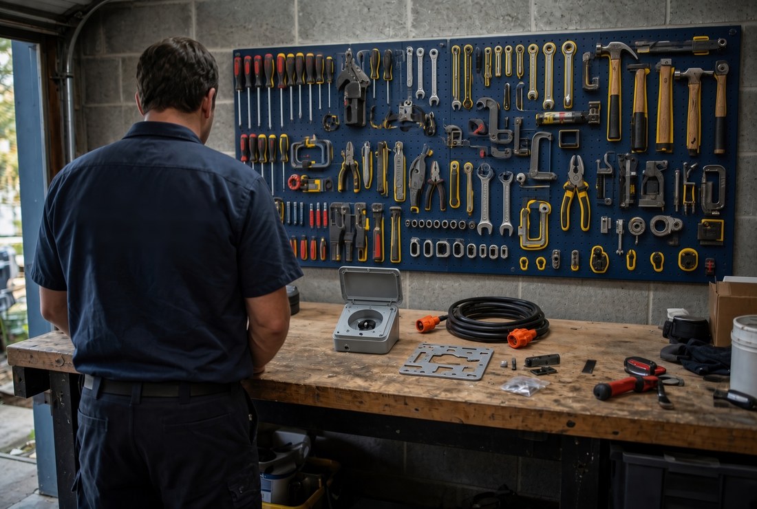 An electrician at a workbench with a weatherproof power inlet box, a generator interlock plate, mounting hardware and a heavy generator cord laid out in front of a tool board