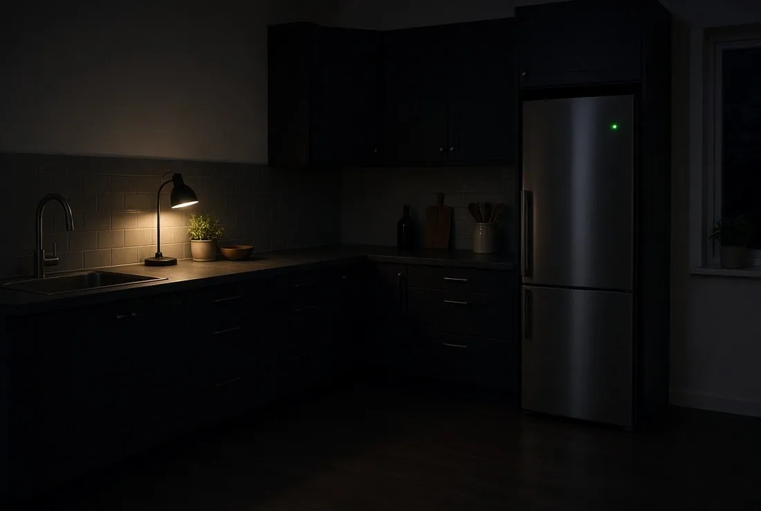 A dark kitchen at night with one lamp lit on the counter and the refrigerator still running