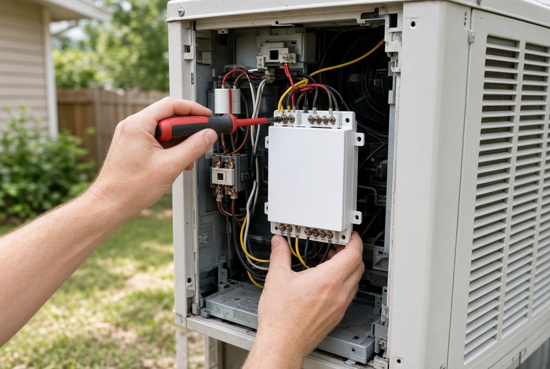 An outdoor air conditioning condenser unit with its electrical access panel removed, showing a small soft starter module mounted inside beside the contactor and capacitor