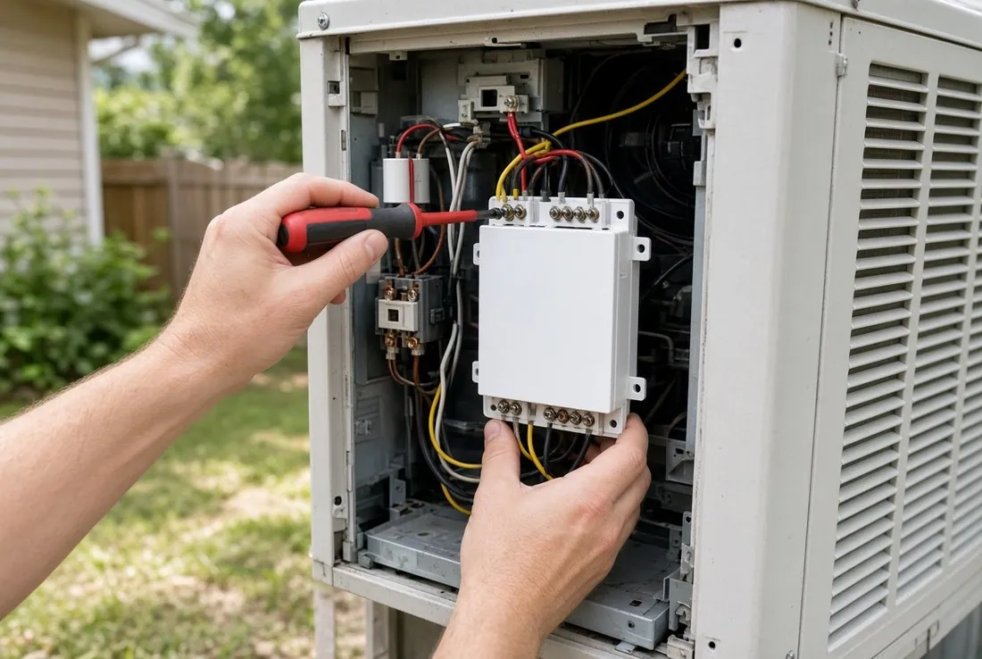 An outdoor air conditioning condenser unit with its electrical access panel removed, showing a small soft starter module mounted inside beside the contactor and capacitor
