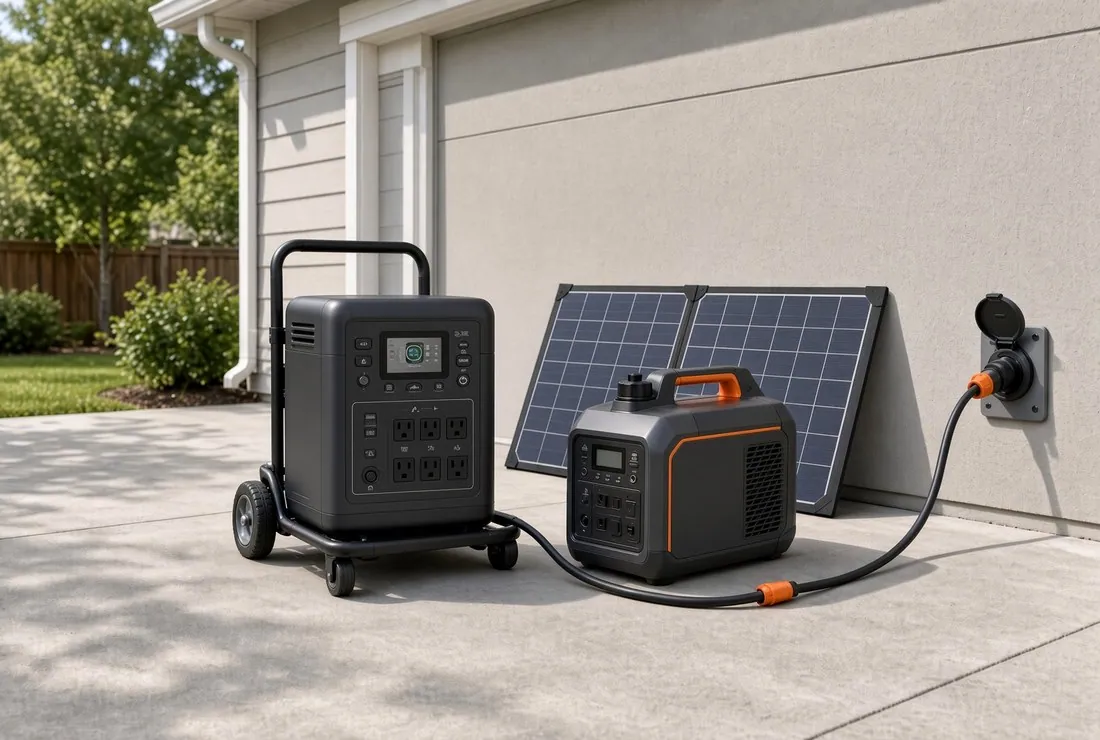 A wheeled lithium power station, a small inverter generator and a folding solar panel standing together on a driveway beside a house, with a cord running to a wall inlet