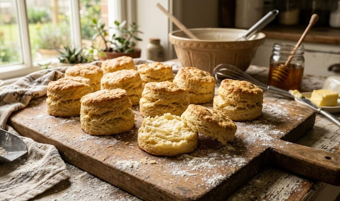 A board of tall flaky homemade biscuits dusted with flour, butter and honey nearby