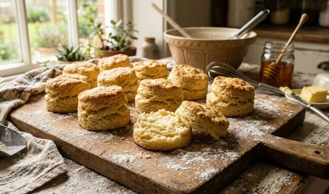 A board of tall flaky homemade biscuits dusted with flour, butter and honey nearby