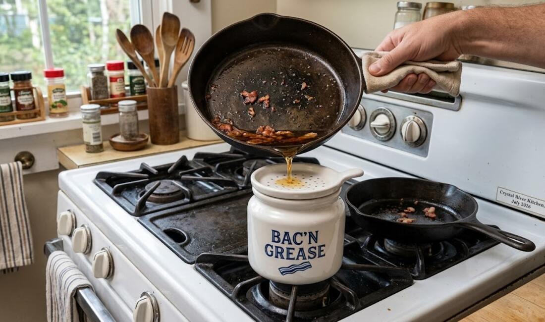 Warm bacon grease being poured from a cast iron skillet through a strainer lid into a ceramic grease crock on the stove
