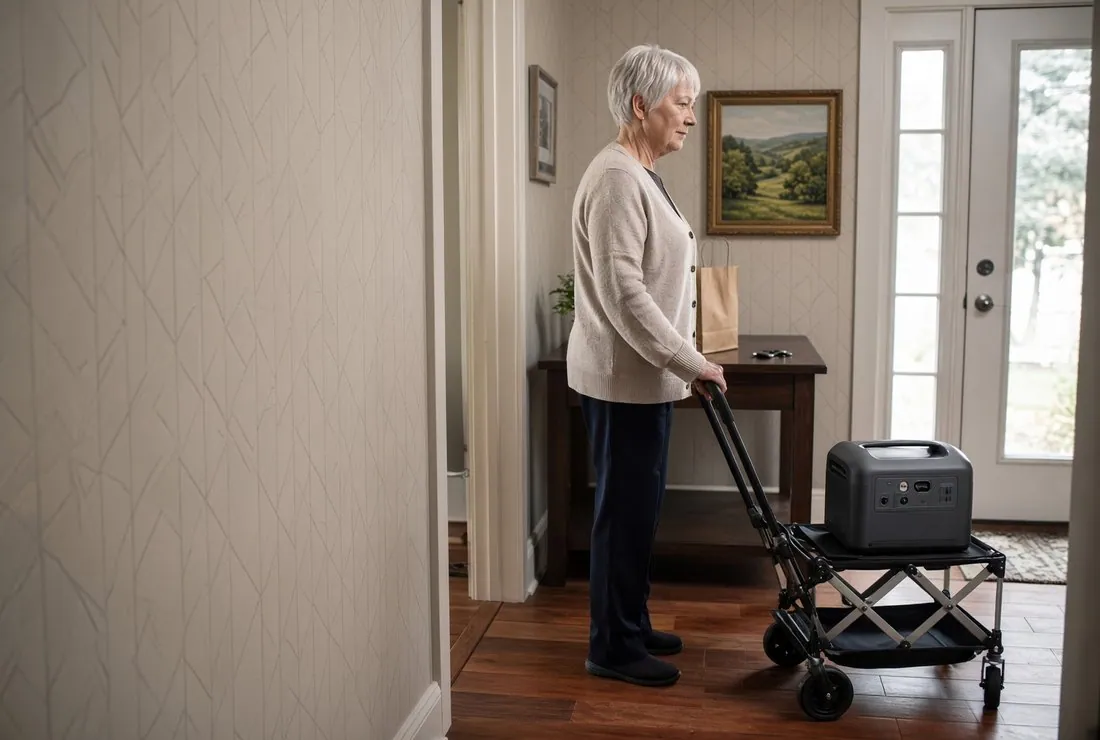 An older woman with short white hair in a cardigan stands upright in her front hallway, one hand on the handle of a small folding cart carrying a compact power station, the front door behind her