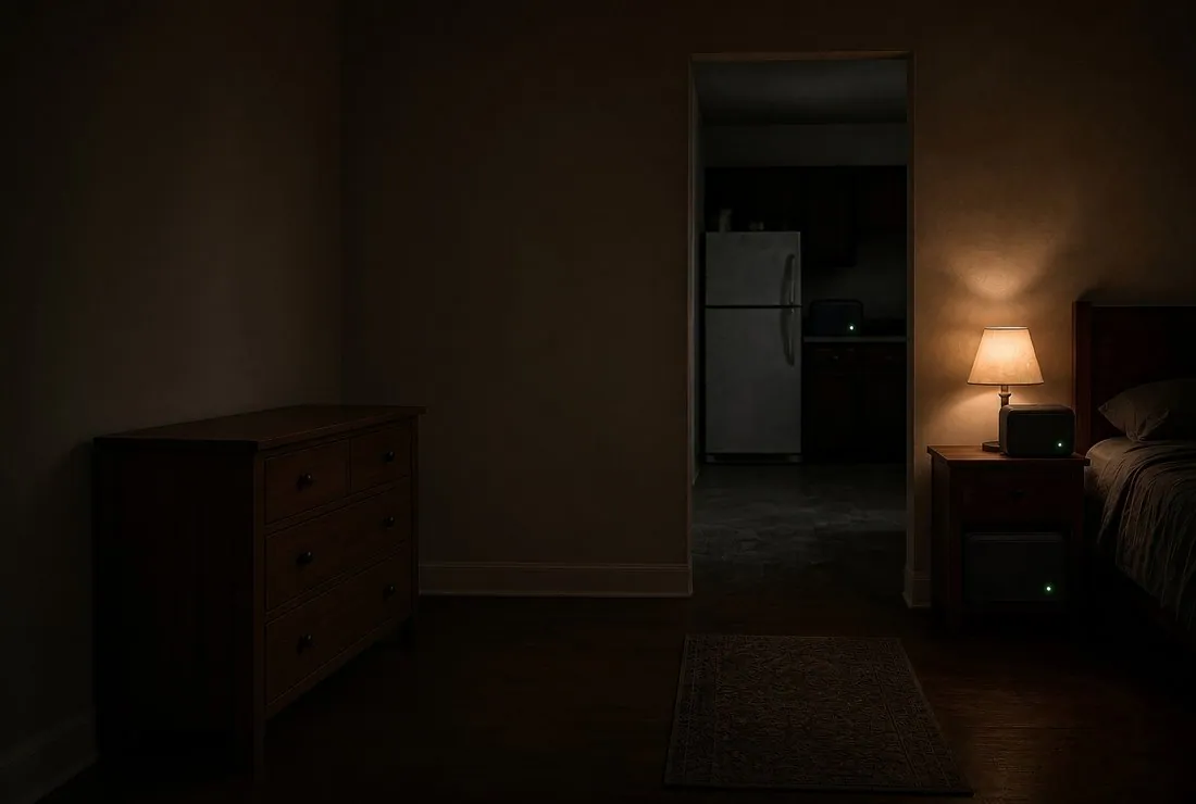 A dark bedroom during a power outage lit by one bedside lamp, with a small power station glowing green on the nightstand and another on the shelf beneath it, and through the doorway a refrigerator in the kitchen with a third station glowing beside it