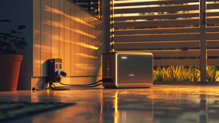 Portable battery station powering devices with hurricane shutters behind — Starlink emergency power backup
