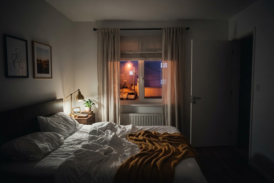 A dark bedroom in the small hours with the covers thrown back on an empty bed, a lamp unlit on the nightstand and a streetlight glowing through the window