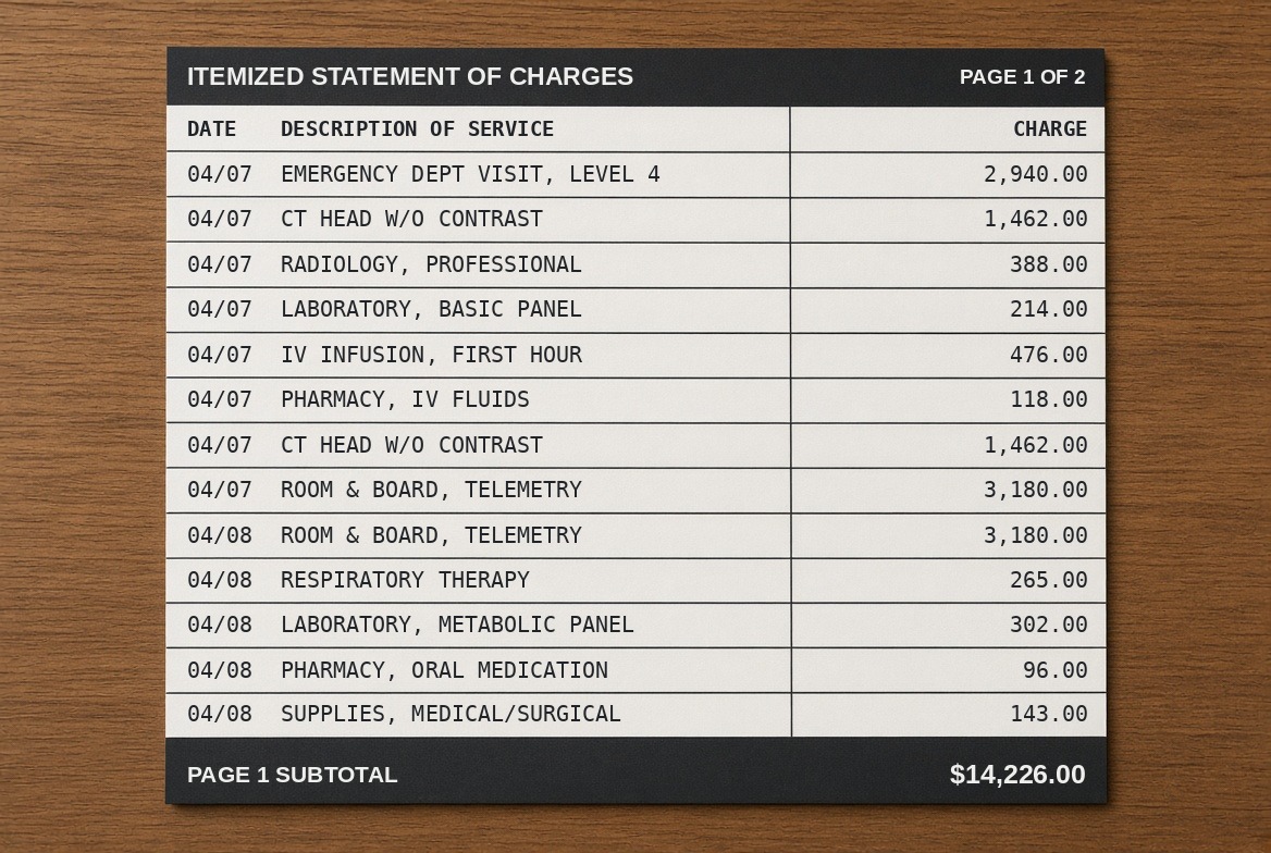 An itemized hospital statement lying flat on a wooden table, thirteen charge lines each with a date and an amount, a page subtotal of $14,226.00 in the band at the foot, and one computed tomography charge listed twice on the same date