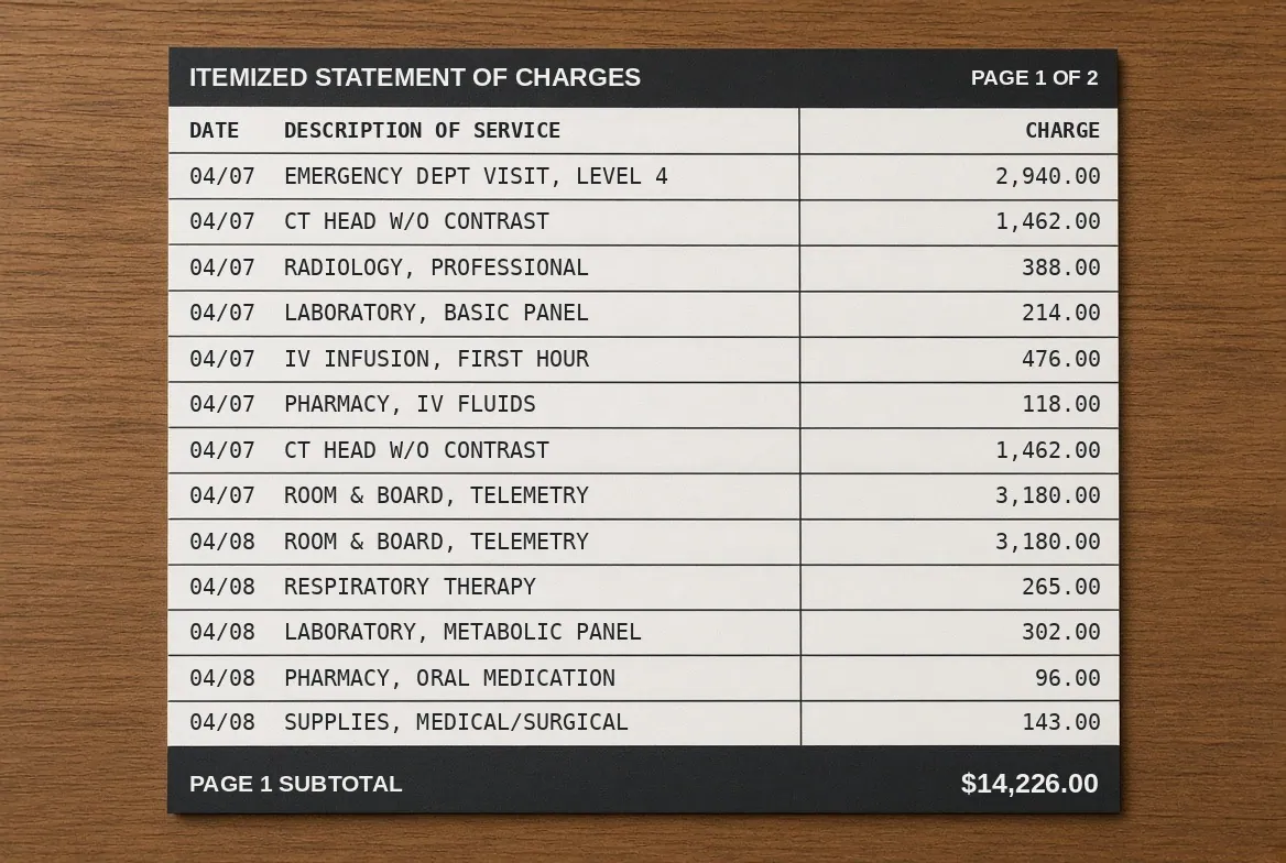 An itemized hospital statement lying flat on a wooden table, thirteen charge lines each with a date and an amount, a page subtotal of $14,226.00 in the band at the foot, and one computed tomography charge listed twice on the same date
