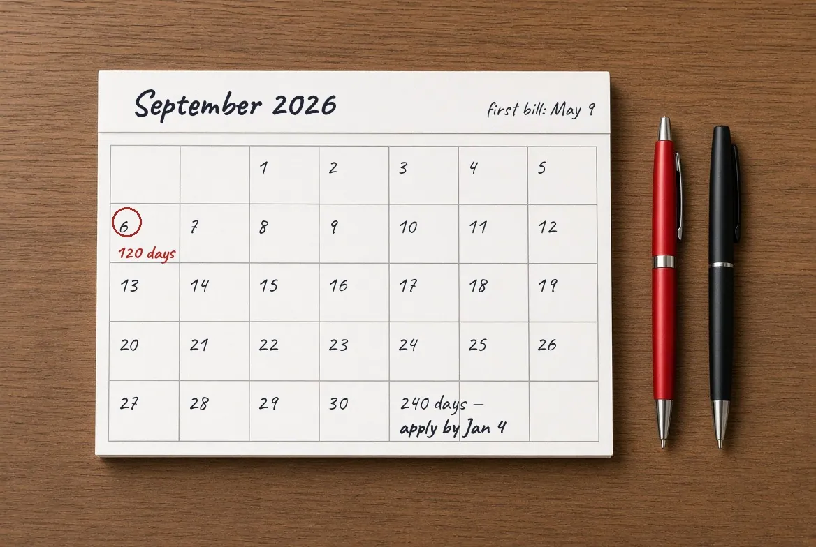 A blank paper desk calendar filled in by hand for September 2026, the sixth circled in red and marked 120 days, a note at the top reading first bill May 9, and a second note written into the empty squares at the foot reading 240 days, apply by Jan 4